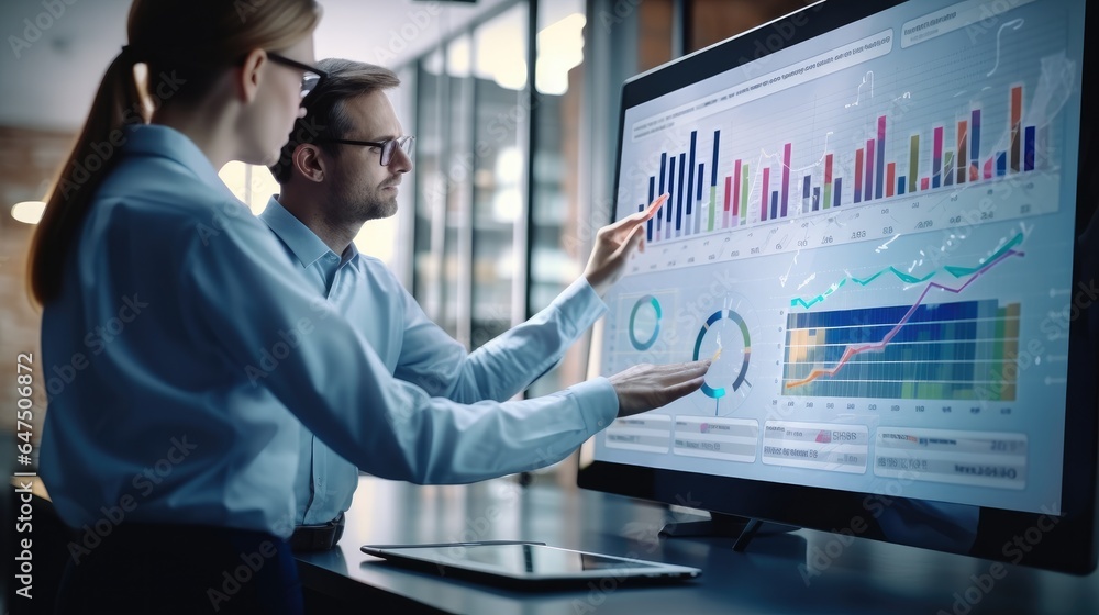 Aufkleber male and female data scientists with big digital screen with graphs and charts in monitoring office.