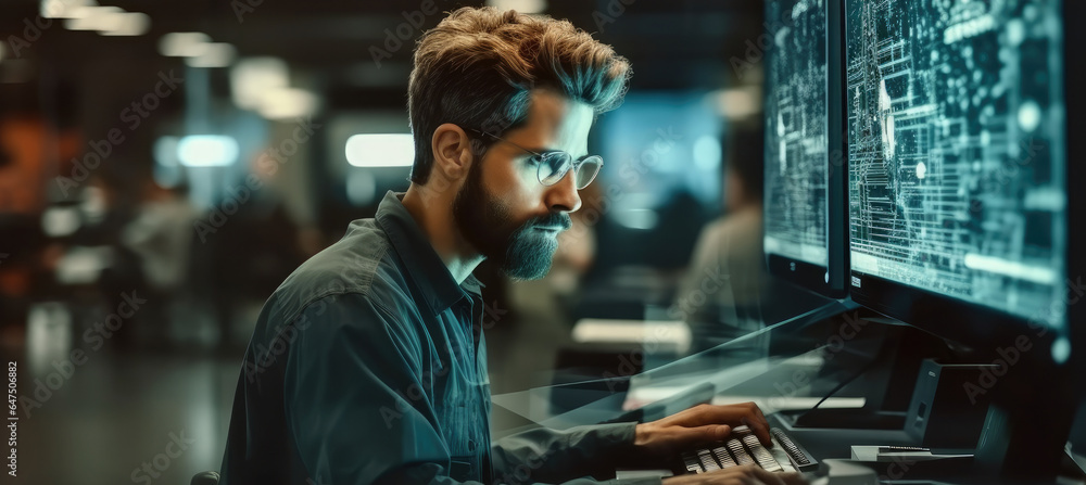 Aufkleber male system security specialist working on computer at system control center.