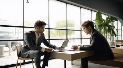 Two businessman using a laptop computer for work and meetings in a large company.