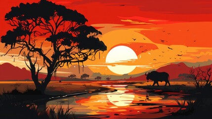 Sunset scene, African landscape with silhouettes of wild animals vector illustration.