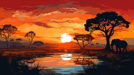 Sunset scene, African landscape with silhouettes of wild animals vector illustration.