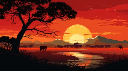 Rolgordijnen Sunset scene, African landscape with silhouettes of wild animals vector illustration. © sirisakboakaew