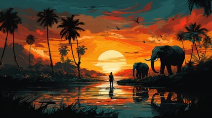 Fototapeta na wymiar People on elephants travel around in Thailand. With nature in the forest of the Eastern way of life, vector illustration