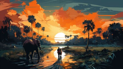 People on elephants travel around in Thailand. With nature in the forest of the Eastern way of life, vector illustration