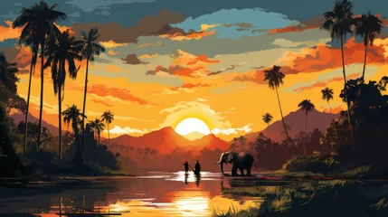Foto op Plexiglas People on elephants travel around in Thailand. With nature in the forest of the Eastern way of life, vector illustration © sirisakboakaew
