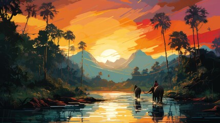 People on elephants travel around in Thailand. With nature in the forest of the Eastern way of life, vector illustration - obrazy, fototapety, plakaty