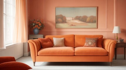 Living room interior with orange sofa and paintings on wall
