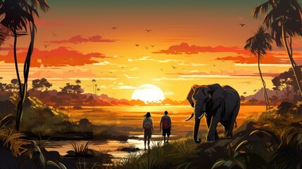 People on elephants travel around in Thailand. With nature in the forest of the Eastern way of life, vector illustration