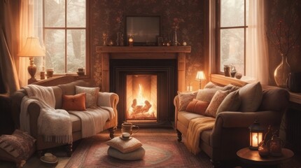 Cozy living room with fireplace and sofas.