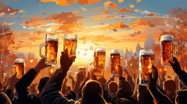 Oktoberfest, beer festival. Vector illustration of German holiday. Table, people, and hands holding glasses.