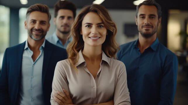 Happy Middle Aged Female CEO Standing In Front Of Her Team In Office.