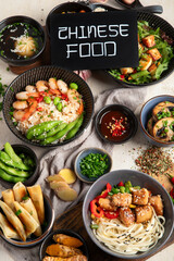 Asian food background with various ingredients on white background , top view.