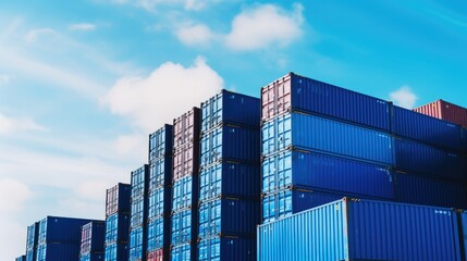 Stack of blue container boxes at cargo station freight shipping for import and export logistics, Business and transportation concept. - obrazy, fototapety, plakaty