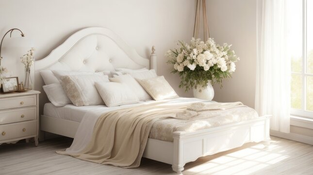 White bedroom interior with bed, mirror, and flowers. © Shamim Akhtar