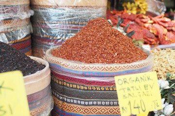 Traditional spices and dry fruits in local bazaar in turkey .