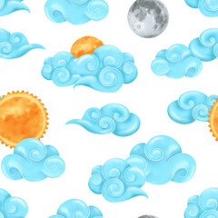 Whimsical seamless pattern with blue clouds, sun, and moon. Perfect for children's room decor, clothing prints, and bedding designs. Add a touch of playful charm with this watercolor illustration