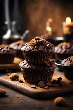 Concept_of_delicious_food_with_chocolate_muffins. Generated by Ai