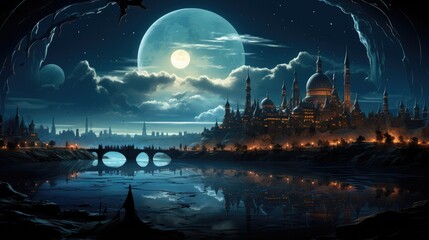 city landscape with moon