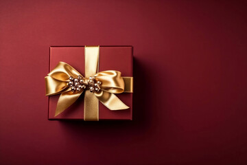 Luxury red gift box with gold ribbon isolated on dark red background, top view, Christmas and Valentines day background. Generative AI