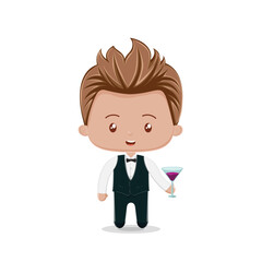 Cute chibi character bartender boy with vest, and drinking glass
