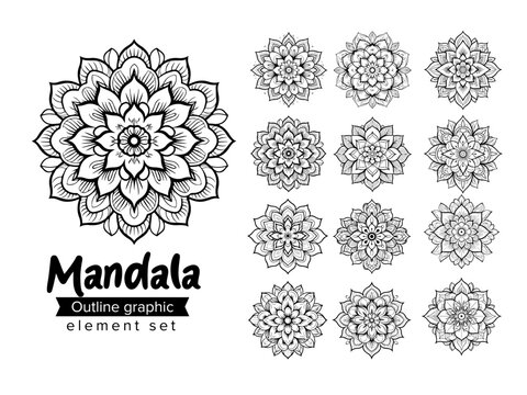 Mandala geometric outline doodle sketch vector set collection