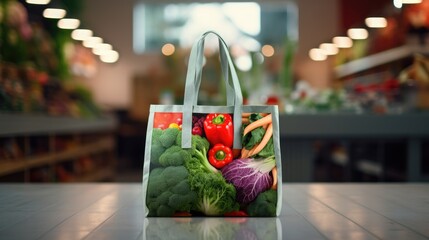 Shopping bags with fresh vegetables, eco-friendly food on a wooden table with blurred supermarket aisles in the background.