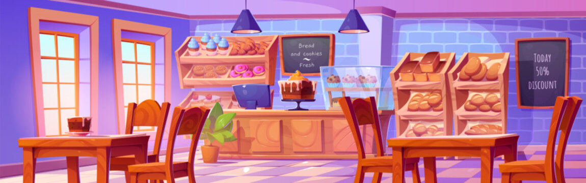 Bakery shop interior with furniture. Vector cartoon illustration of cafe with wooden tables and chairs, sweet cake, buns, donuts, fresh baguettes on shelves, computer on cash desk, menu boards on wall
