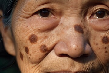 Small brown patches called age spots on face of Asian elder woman. They are also called liver spots, senile lentigo, or sun spots, Generative AI - obrazy, fototapety, plakaty
