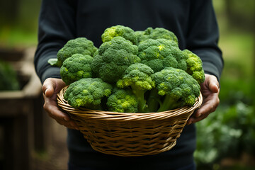 a framer holding a basket full of broccoli . This image can be used for cooking, healthy eating, or gardening themes 