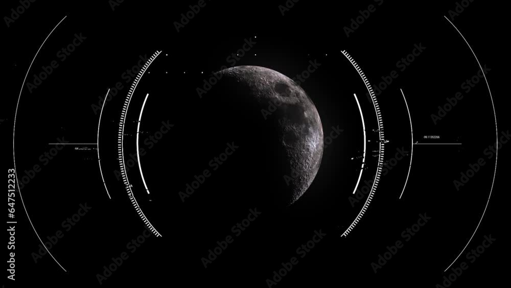 Poster hud display scanner engages lunar trajectory of half moon with circular target. motion graphic for c
