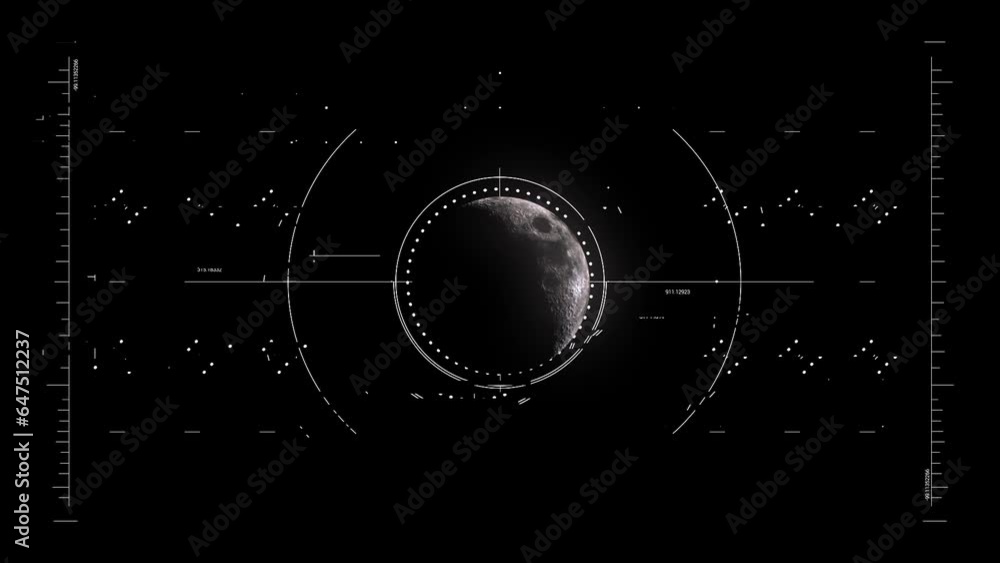 Poster futuristic hud display scanning and analyzing data around half moon satellite. motion graphic for cy