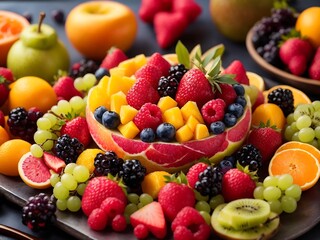  stunning fruit platter with a variety of colorful and ripe fruits.