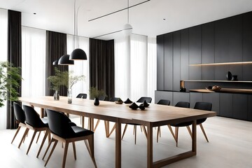 a minimalist dining room with a long, wooden table, black leather chairs, and minimalist tableware.