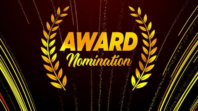 Luxury Festive Motion View Yellow Red Orange Shiny Award Nomination Text Logo With Curved Magic Comet Trail Sparkling Particles Background