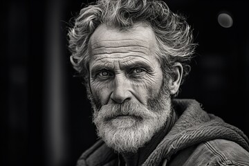 Close-up portrait of A bearded man 70 year old looks at the camera