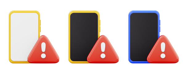 Alert warning symbol triangle on mobile phone collection 3d render illustration on transparent background
