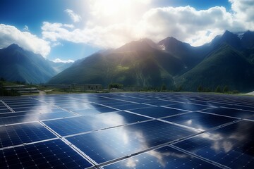Solar Panels in the Majestic Mountain Landscape with Clear Blue Sky, Renewable Energy Concept, Copy Space