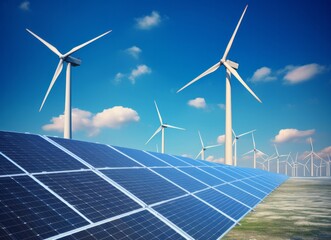 Renewable Energy: Solar Panels and Wind Turbines against a Clear Blue Sky