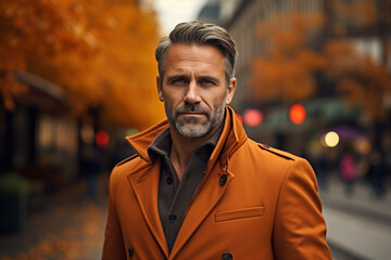Men's autumn fashion lifestyle. Handsome middle aged Caucasian man wearing a coat on a city street looking at camera
