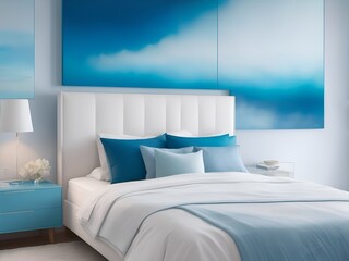  modern bedroom bathed in soft shades of blue