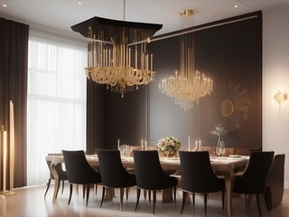  modern dining area with a chandelier, dining table
