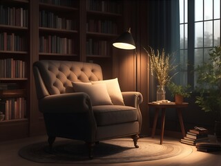 modern reading room with comfortable armchair with  floor lamp