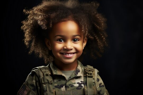 Portrait of a little girl in a military uniform. Studio shot.