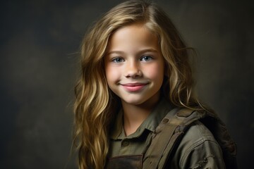 Fototapeta premium Portrait of a little girl in a military uniform. Studio shot.