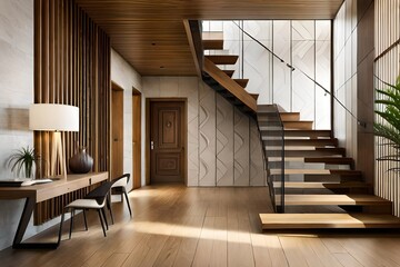 3D Interior design of corridor having beautiful stairs- generated by AI