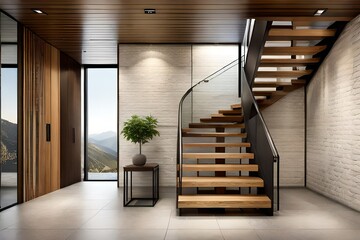Wooden stair spiral design- Glass support- home interior desing- Generated by AI