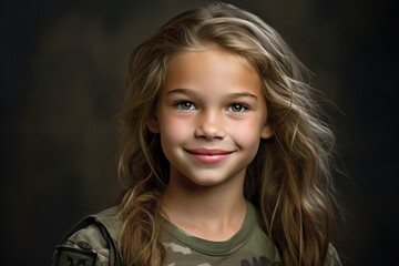 Portrait of a little girl in a military uniform. Studio shot. - obrazy, fototapety, plakaty