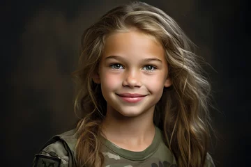 Deurstickers Portrait of a little girl in a military uniform. Studio shot. © Rudsaphon
