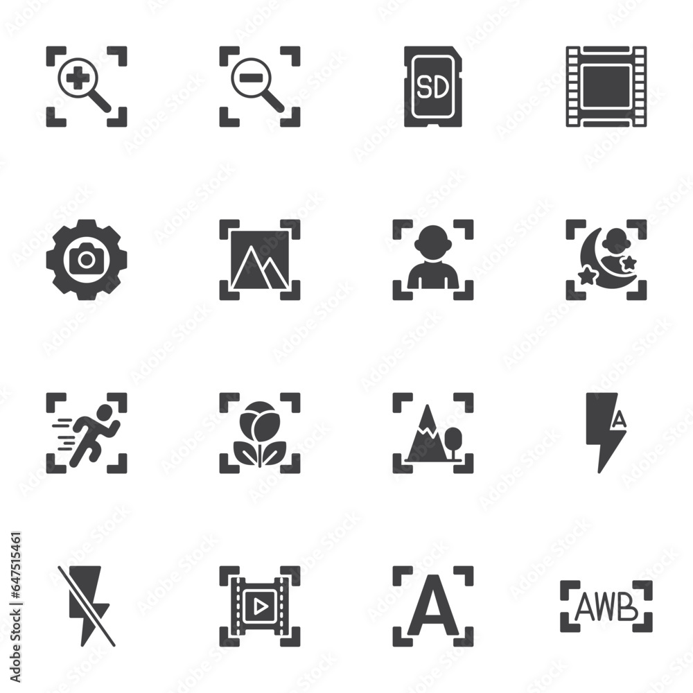 Poster camera settings guide vector icons set