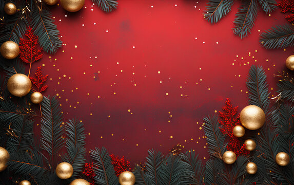 Christmas background with xmas tree and sparkle bokeh lights on red canvas background. Merry christmas card. Winter holiday theme. Happy New Year. Space for text